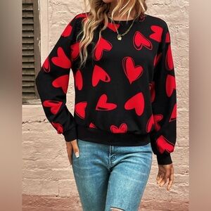 SHEIN- black long sleeve top with red hearts - size Large